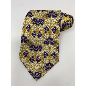 Gianni Versace Vintage Gold & Blue Medusa Head Baroque Print Silk Necktie 1990s